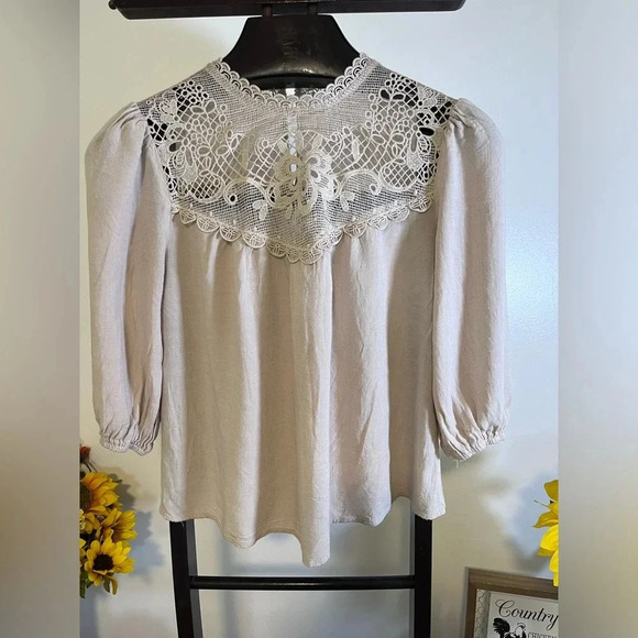 mine Tops - Mine women’s size S Tan 3/4 Length Sleeves Linen Blouse With Crochet Accent